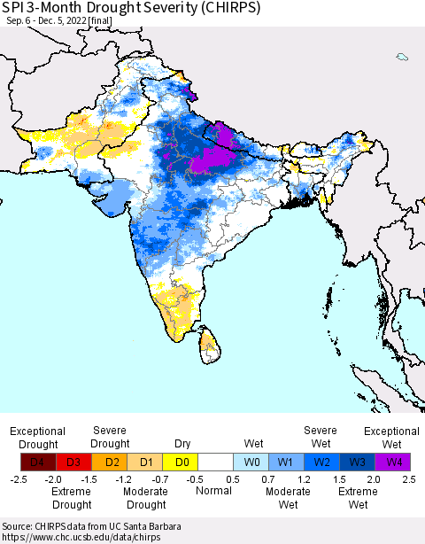 Southern Asia SPI 3-Month Drought Severity (CHIRPS) Thematic Map For 9/6/2022 - 12/5/2022