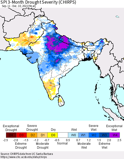 Southern Asia SPI 3-Month Drought Severity (CHIRPS) Thematic Map For 9/11/2022 - 12/10/2022
