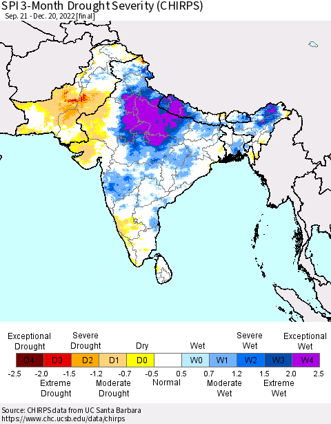 Southern Asia SPI 3-Month Drought Severity (CHIRPS) Thematic Map For 9/21/2022 - 12/20/2022