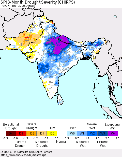 Southern Asia SPI 3-Month Drought Severity (CHIRPS) Thematic Map For 9/26/2022 - 12/25/2022
