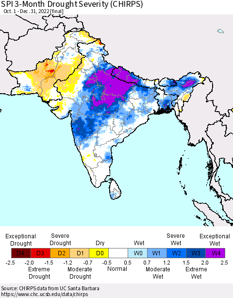 Southern Asia SPI 3-Month Drought Severity (CHIRPS) Thematic Map For 10/1/2022 - 12/31/2022