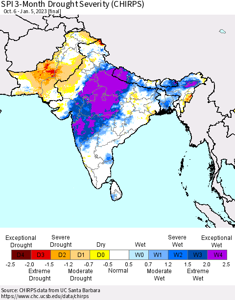 Southern Asia SPI 3-Month Drought Severity (CHIRPS) Thematic Map For 10/6/2022 - 1/5/2023