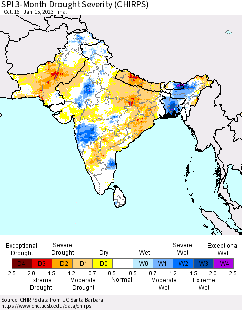 Southern Asia SPI 3-Month Drought Severity (CHIRPS) Thematic Map For 10/16/2022 - 1/15/2023
