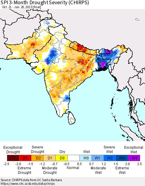 Southern Asia SPI 3-Month Drought Severity (CHIRPS) Thematic Map For 10/21/2022 - 1/20/2023