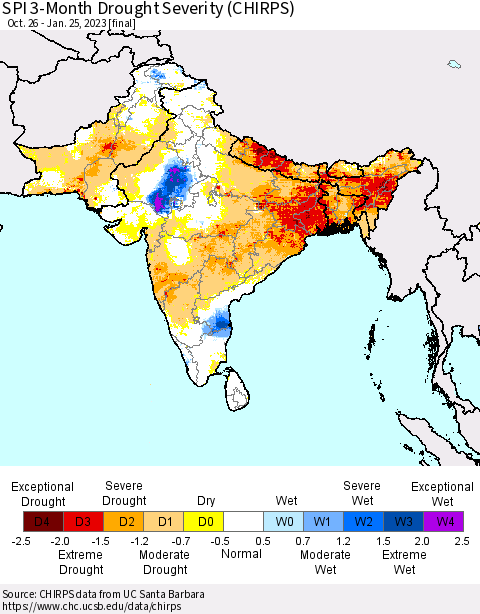 Southern Asia SPI 3-Month Drought Severity (CHIRPS) Thematic Map For 10/26/2022 - 1/25/2023