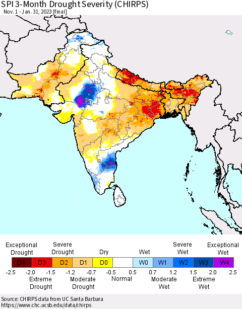 Southern Asia SPI 3-Month Drought Severity (CHIRPS) Thematic Map For 11/1/2022 - 1/31/2023