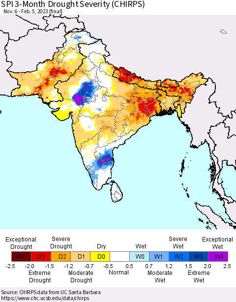Southern Asia SPI 3-Month Drought Severity (CHIRPS) Thematic Map For 11/6/2022 - 2/5/2023