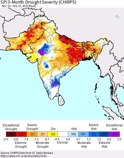 Southern Asia SPI 3-Month Drought Severity (CHIRPS) Thematic Map For 11/16/2022 - 2/15/2023