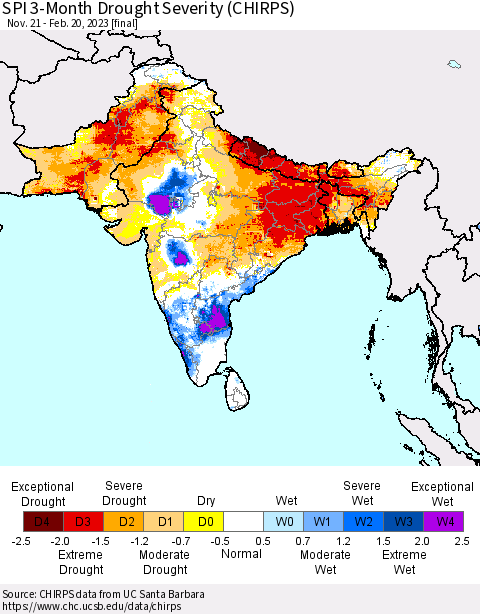 Southern Asia SPI 3-Month Drought Severity (CHIRPS) Thematic Map For 11/21/2022 - 2/20/2023