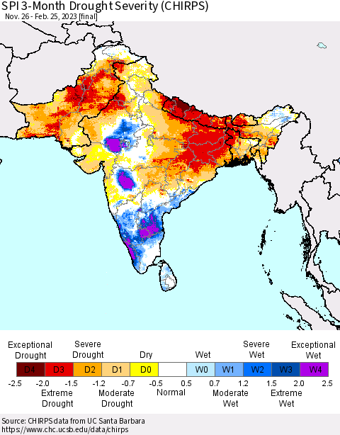 Southern Asia SPI 3-Month Drought Severity (CHIRPS) Thematic Map For 11/26/2022 - 2/25/2023