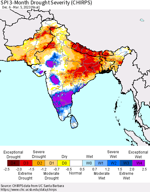 Southern Asia SPI 3-Month Drought Severity (CHIRPS) Thematic Map For 12/6/2022 - 3/5/2023