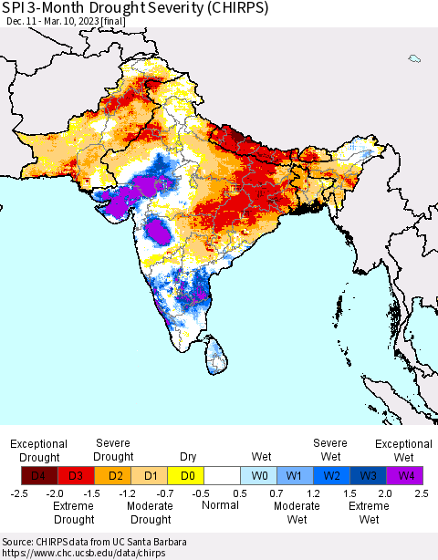Southern Asia SPI 3-Month Drought Severity (CHIRPS) Thematic Map For 12/11/2022 - 3/10/2023
