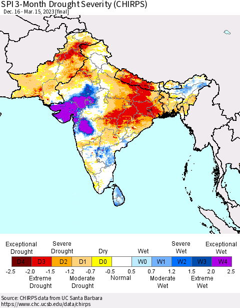 Southern Asia SPI 3-Month Drought Severity (CHIRPS) Thematic Map For 12/16/2022 - 3/15/2023
