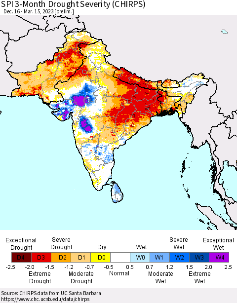 Southern Asia SPI 3-Month Drought Severity (CHIRPS) Thematic Map For 12/16/2022 - 3/15/2023