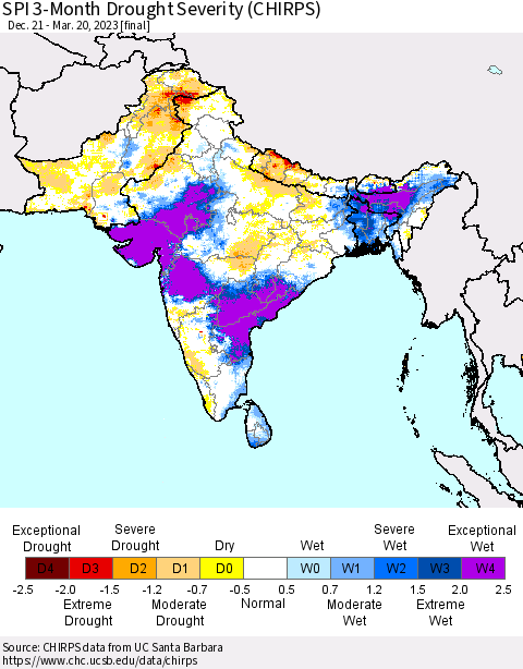 Southern Asia SPI 3-Month Drought Severity (CHIRPS) Thematic Map For 12/21/2022 - 3/20/2023