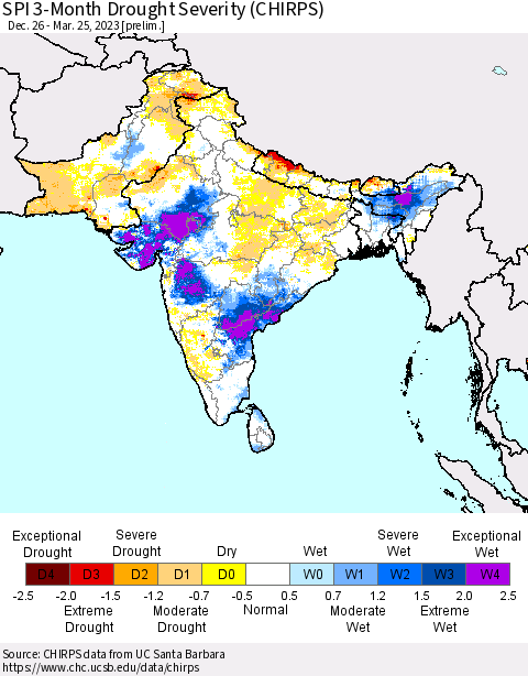 Southern Asia SPI 3-Month Drought Severity (CHIRPS) Thematic Map For 12/26/2022 - 3/25/2023