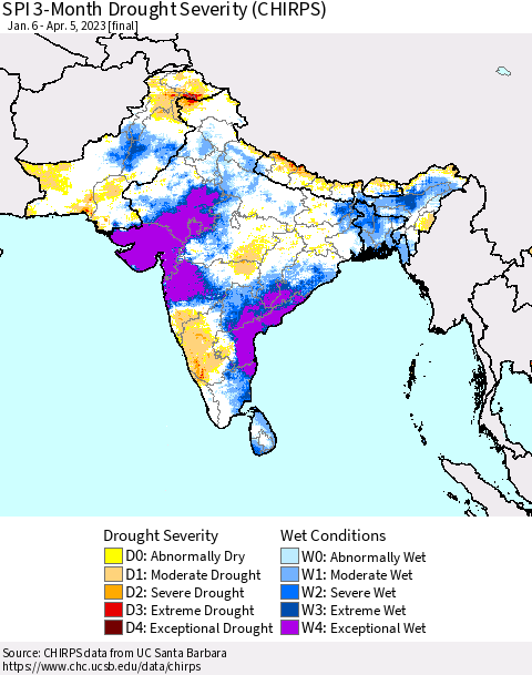 Southern Asia SPI 3-Month Drought Severity (CHIRPS) Thematic Map For 1/6/2023 - 4/5/2023