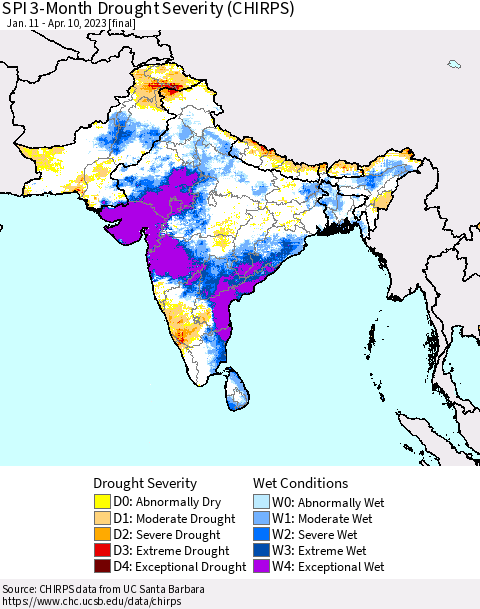 Southern Asia SPI 3-Month Drought Severity (CHIRPS) Thematic Map For 1/11/2023 - 4/10/2023
