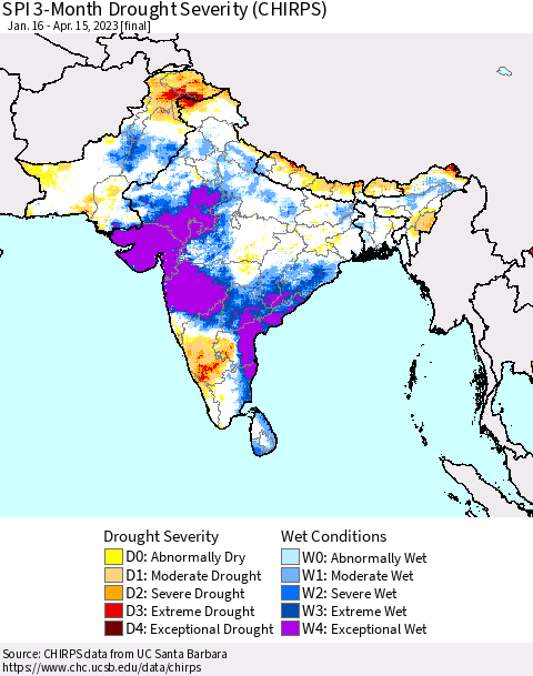 Southern Asia SPI 3-Month Drought Severity (CHIRPS) Thematic Map For 1/16/2023 - 4/15/2023