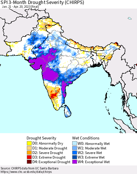 Southern Asia SPI 3-Month Drought Severity (CHIRPS) Thematic Map For 1/21/2023 - 4/20/2023