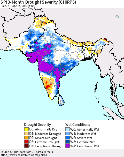Southern Asia SPI 3-Month Drought Severity (CHIRPS) Thematic Map For 1/26/2023 - 4/25/2023