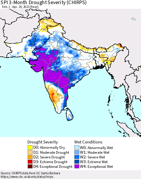 Southern Asia SPI 3-Month Drought Severity (CHIRPS) Thematic Map For 2/1/2023 - 4/30/2023