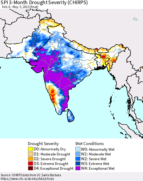 Southern Asia SPI 3-Month Drought Severity (CHIRPS) Thematic Map For 2/6/2023 - 5/5/2023