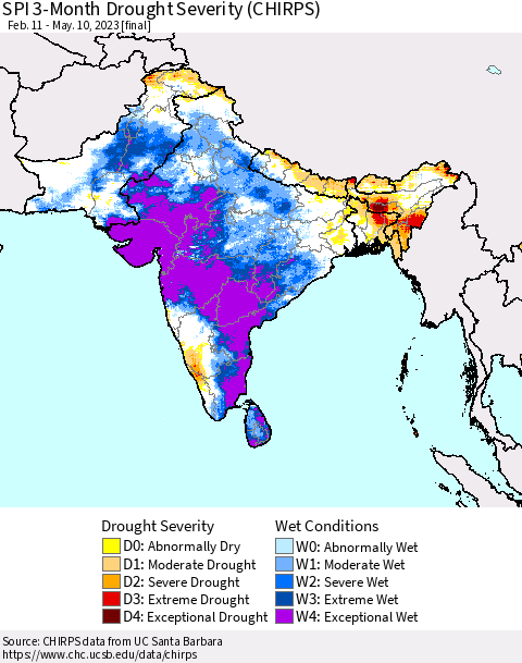 Southern Asia SPI 3-Month Drought Severity (CHIRPS) Thematic Map For 2/11/2023 - 5/10/2023