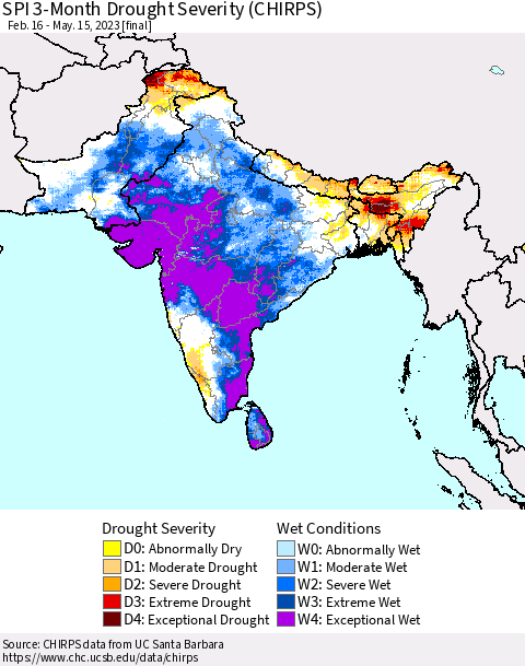 Southern Asia SPI 3-Month Drought Severity (CHIRPS) Thematic Map For 2/16/2023 - 5/15/2023
