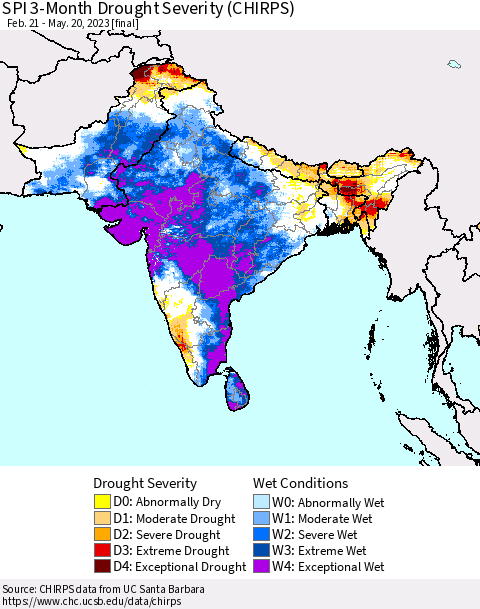 Southern Asia SPI 3-Month Drought Severity (CHIRPS) Thematic Map For 2/21/2023 - 5/20/2023