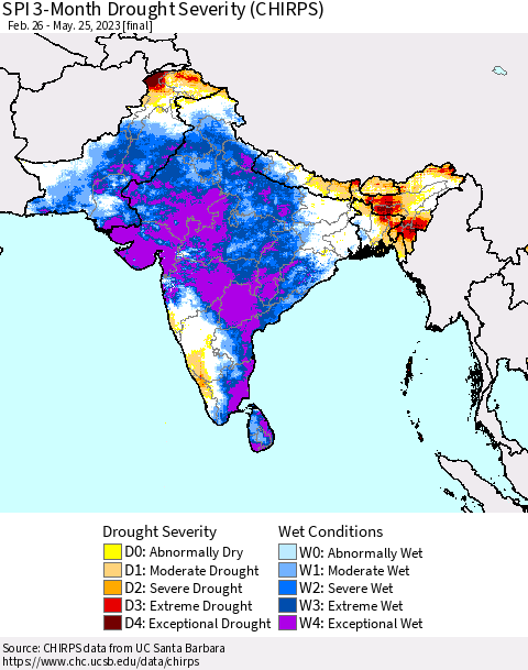Southern Asia SPI 3-Month Drought Severity (CHIRPS) Thematic Map For 2/26/2023 - 5/25/2023