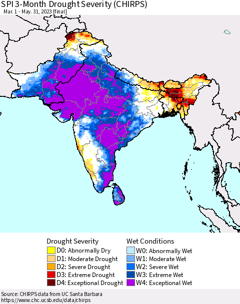 Southern Asia SPI 3-Month Drought Severity (CHIRPS) Thematic Map For 3/1/2023 - 5/31/2023