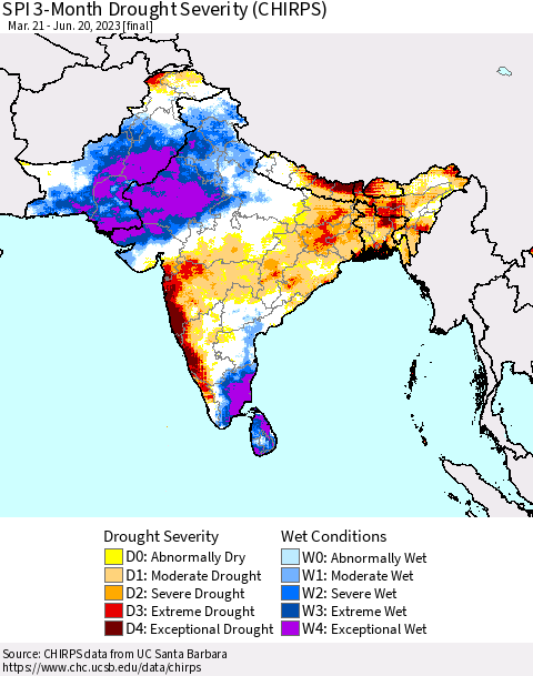 Southern Asia SPI 3-Month Drought Severity (CHIRPS) Thematic Map For 3/21/2023 - 6/20/2023