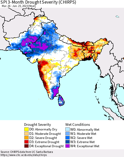 Southern Asia SPI 3-Month Drought Severity (CHIRPS) Thematic Map For 3/26/2023 - 6/25/2023