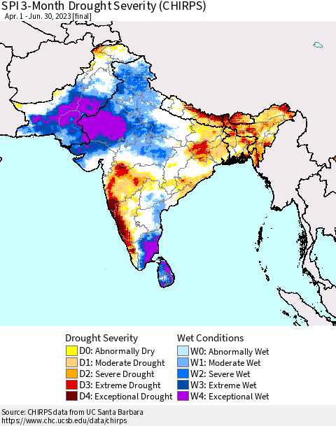 Southern Asia SPI 3-Month Drought Severity (CHIRPS) Thematic Map For 4/1/2023 - 6/30/2023