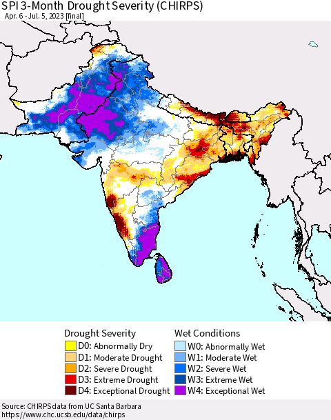 Southern Asia SPI 3-Month Drought Severity (CHIRPS) Thematic Map For 4/6/2023 - 7/5/2023