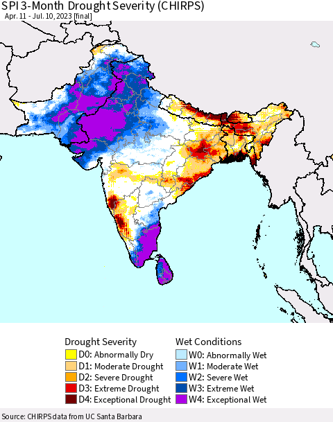 Southern Asia SPI 3-Month Drought Severity (CHIRPS) Thematic Map For 4/11/2023 - 7/10/2023