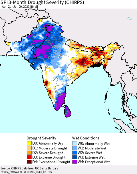Southern Asia SPI 3-Month Drought Severity (CHIRPS) Thematic Map For 4/21/2023 - 7/20/2023