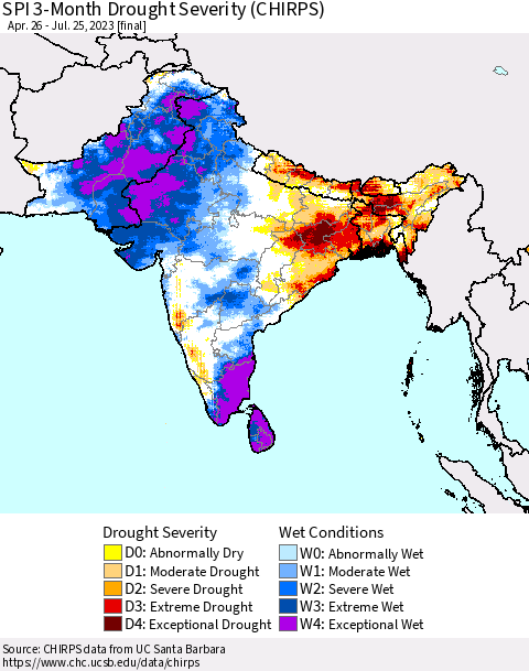 Southern Asia SPI 3-Month Drought Severity (CHIRPS) Thematic Map For 4/26/2023 - 7/25/2023