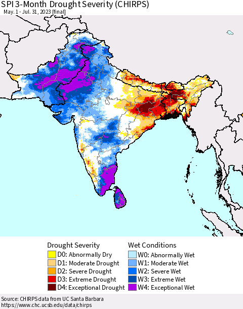 Southern Asia SPI 3-Month Drought Severity (CHIRPS) Thematic Map For 5/1/2023 - 7/31/2023
