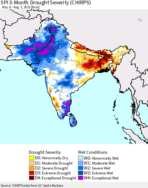 Southern Asia SPI 3-Month Drought Severity (CHIRPS) Thematic Map For 5/6/2023 - 8/5/2023