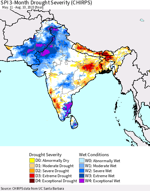 Southern Asia SPI 3-Month Drought Severity (CHIRPS) Thematic Map For 5/11/2023 - 8/10/2023
