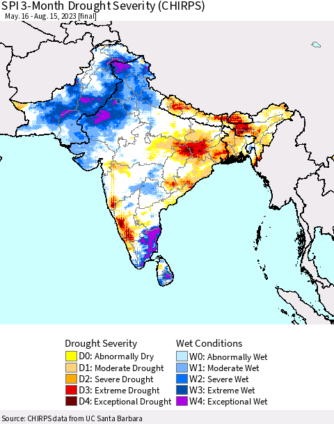 Southern Asia SPI 3-Month Drought Severity (CHIRPS) Thematic Map For 5/16/2023 - 8/15/2023