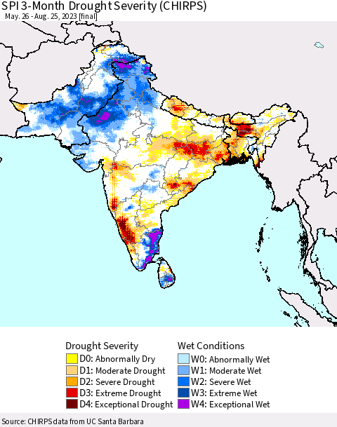 Southern Asia SPI 3-Month Drought Severity (CHIRPS) Thematic Map For 5/26/2023 - 8/25/2023
