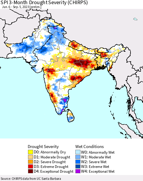 Southern Asia SPI 3-Month Drought Severity (CHIRPS) Thematic Map For 6/6/2023 - 9/5/2023