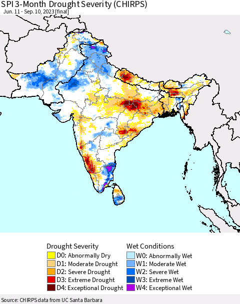 Southern Asia SPI 3-Month Drought Severity (CHIRPS) Thematic Map For 6/11/2023 - 9/10/2023