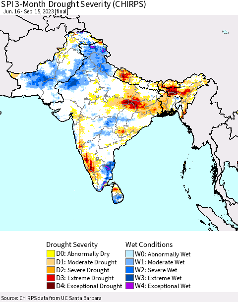 Southern Asia SPI 3-Month Drought Severity (CHIRPS) Thematic Map For 6/16/2023 - 9/15/2023