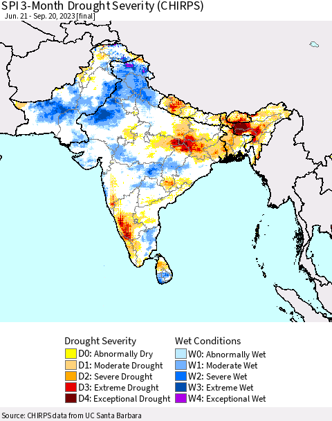 Southern Asia SPI 3-Month Drought Severity (CHIRPS) Thematic Map For 6/21/2023 - 9/20/2023