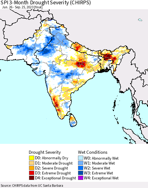 Southern Asia SPI 3-Month Drought Severity (CHIRPS) Thematic Map For 6/26/2023 - 9/25/2023