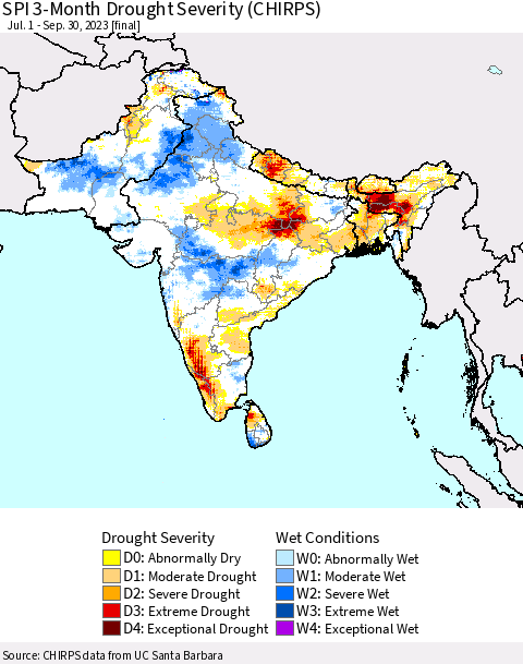 Southern Asia SPI 3-Month Drought Severity (CHIRPS) Thematic Map For 7/1/2023 - 9/30/2023